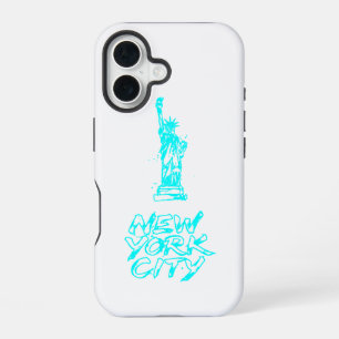 New York City Statue van de Vrijheid Neon Cyaan Kw iPhone 16 Hoesje