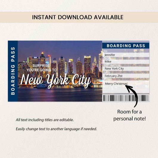 New York City Trip Surprise Boarding Pass Card Kaart