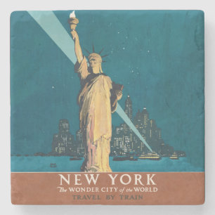 New York City Vintage Travel Liberty Skyline Stenen Onderzetter