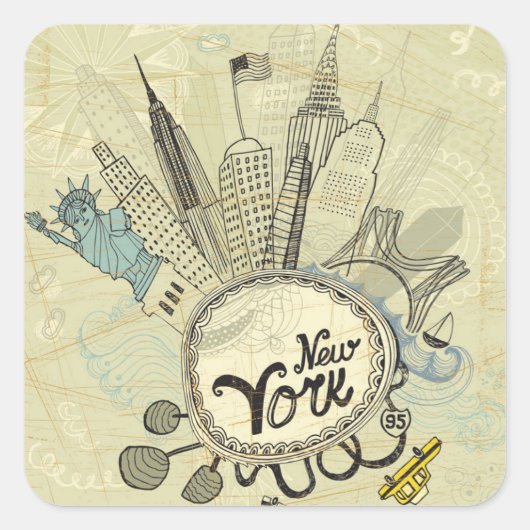 New York Doodle Poster Vierkante Sticker (Voorkant)