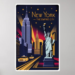  New York - Empire State & Liberty Poster