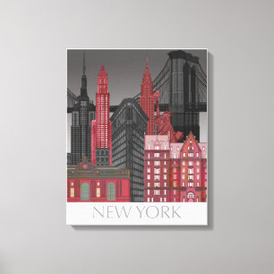 New York Hoogte van nacht - Rood Canvas Afdruk