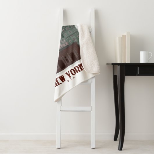 New York in Clouds - Donkerrood en groen Sherpa Deken (In situ)