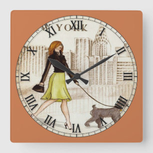 New York Lady Walking Dog Roman Numeral Vierkante Klok