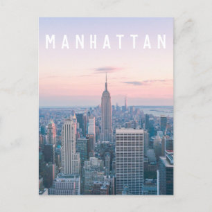 New York Manhattan Text Pink Blue Skyline Sunset Briefkaart