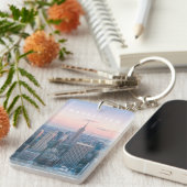 New York Manhattan Text Pink Blue Skyline Sunset Sleutelhanger (Voorkant Rechts)