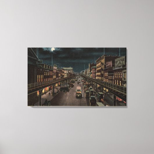 New York, NY - The Bowery - Night Scene Canvas Afdruk (Voorkant)