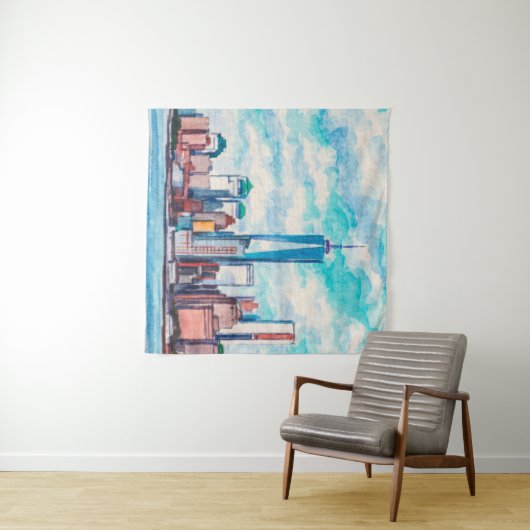 New York, NY, VS. Uitzichten op grote wolkenkrabbe Wandkleed (In Situ (horizontaal))