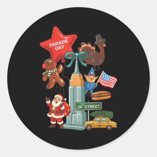 New York Parade Day Thanksgiving Santa Taxi Ronde Sticker (Voorkant)