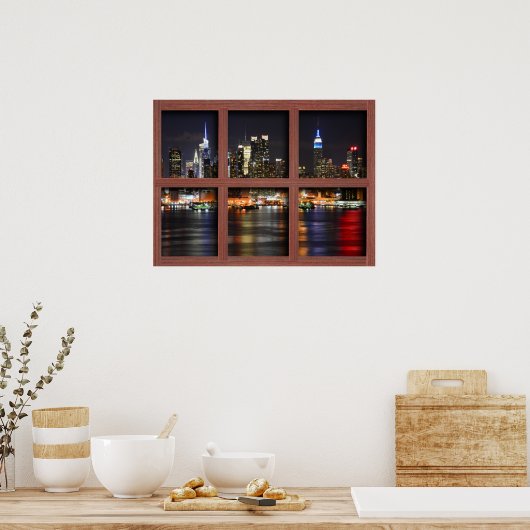 New York 's nachts - Redwood 4-paneelvenster Poste Poster (Keuken)