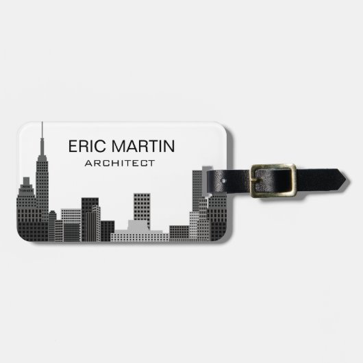 New York Skyline Gray Modern Persoonlijke Naam Bagagelabel (Voorkant horizontaal)