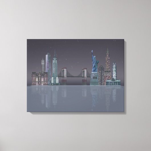 New York Skyline Night Reflections Canvas Afdruk (Voorkant)