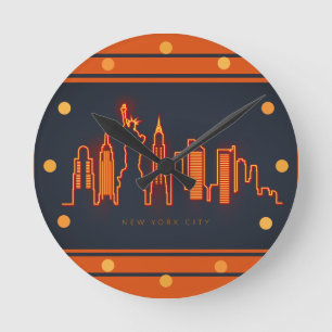 New York Skyline Oranje Neon look Cityscape Wall Ronde Klok