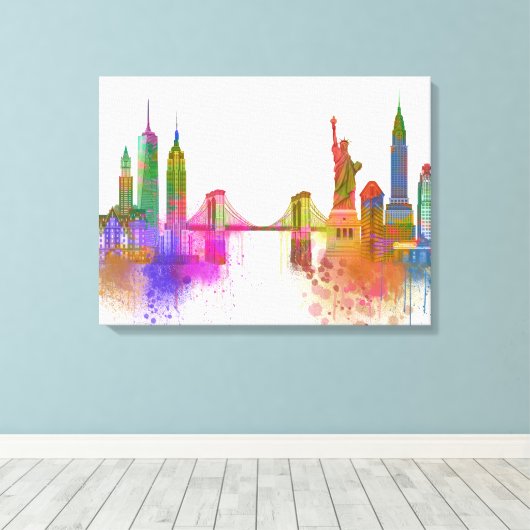 New York Skyline - Regenboog Canvas Afdruk (Insitu (Houten vloer))