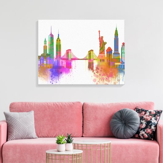 New York Skyline - Regenboog Canvas Afdruk (Insitu (Woonkamer))
