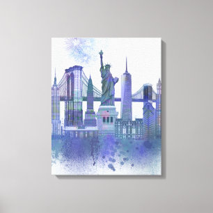 New York Skyline - Waterverf Blue Canvas Afdruk
