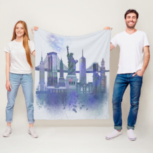 New York Skyline - Waterverf Blue Fleece Deken