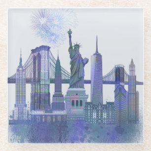 New York Skyline - Waterverf Blue Glazen Onderzetter