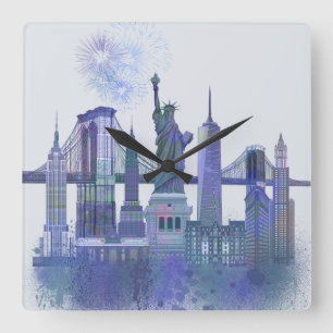 New York Skyline - Waterverf Blue Vierkante Klok