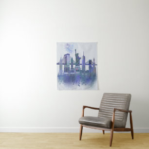 New York Skyline - Waterverf Blue Wandkleed