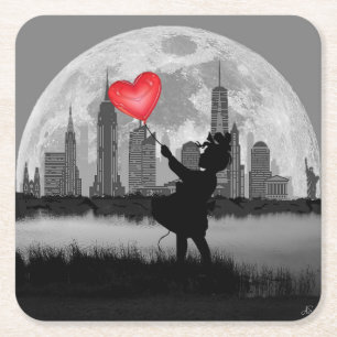 NEW YORK Volle Maan Meisje Hart Ballon Papieren On Vierkante Kartonnen Onderzetter