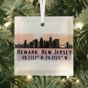 Newark NJ City Skyline Latitude en Lengtegraad Glas Ornament