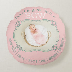 Newborn Baby Foto Monogram Blush Pink Green Lijst Rond Kussen