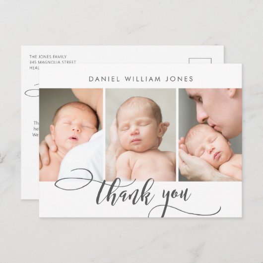 Newborn Baby Modern Script Fotocollage Dank u Briefkaart (Voorkant / Achterkant)