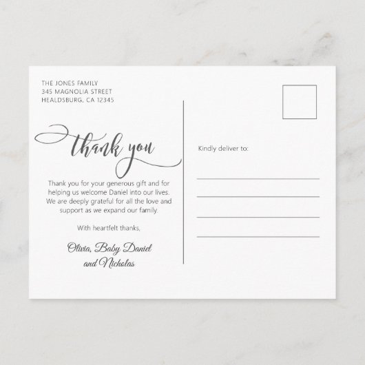 Newborn Baby Modern Script Fotocollage Dank u Briefkaart (Achterkant)