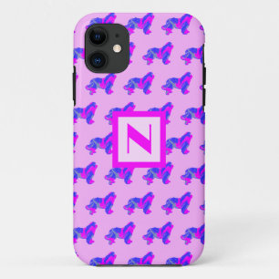 Newfoundland Dog Pink & Blue Silhouette Monogram iPhone 11 Hoesje
