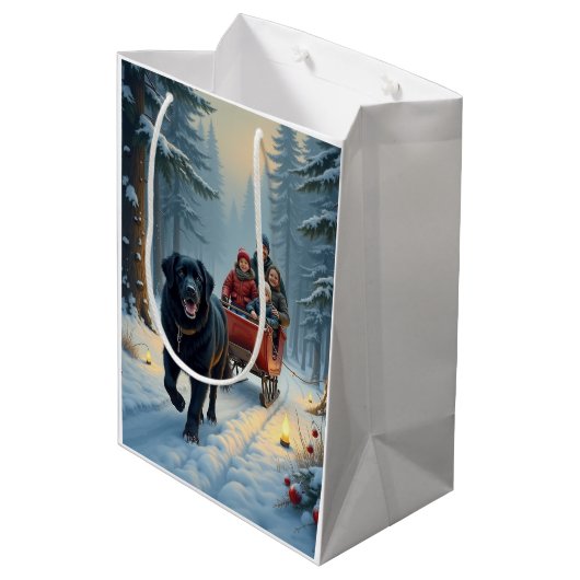 Newfoundland Dog Snowy Sleigh Ride Christmas Medium Cadeauzakje (Achterkant Gekanteld)