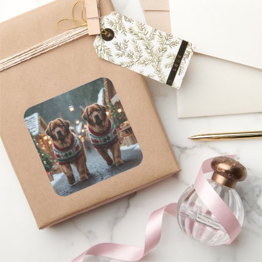 Newfoundland Dogs Christmas Snow Holiday Vierkante Sticker (Geschenken)