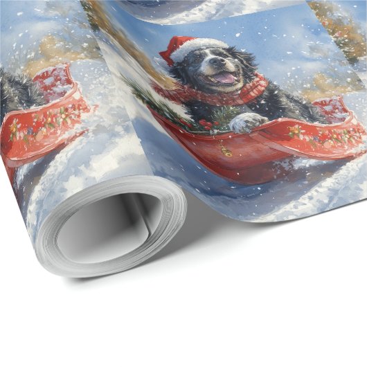 Newfoundland Hond in Sledge Laat het Sneeuw Kerstm Cadeaupapier (Rol Hoek)