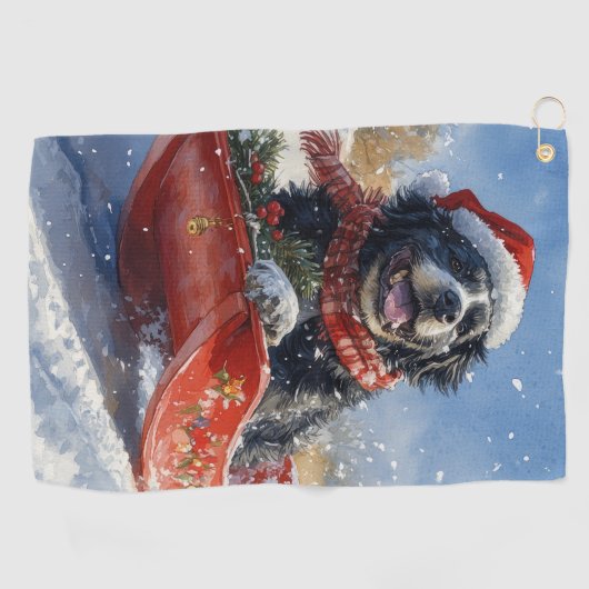 Newfoundland Hond in Sledge Laat het Sneeuw Kerstm Golfhanddoek (Horizontaal)