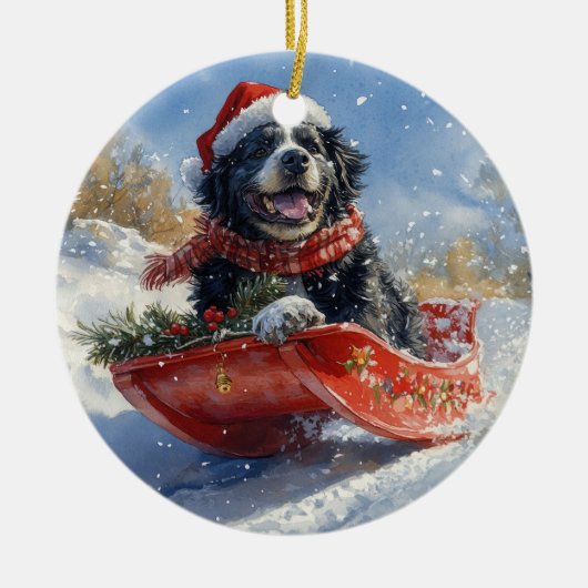 Newfoundland Hond in Sledge Laat het Sneeuw Kerstm Keramisch Ornament (Voorkant)