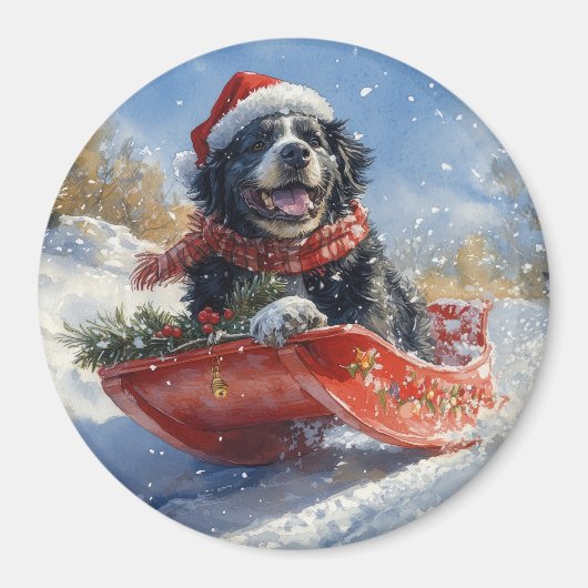 Newfoundland Hond in Sledge Laat het Sneeuw Kerstm Magneet (Voorkant)