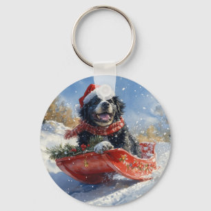 Newfoundland-hond in slee laat het sneeuwen Kerstm Sleutelhanger
