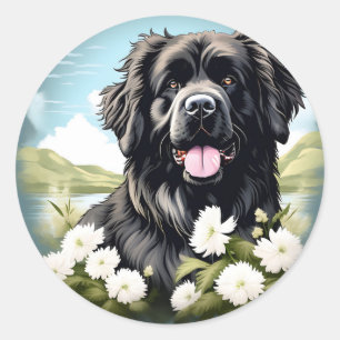 Newfoundland Hond met witte bloemen Ronde Sticker
