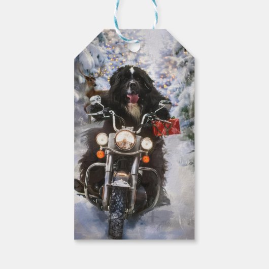 Newfoundland Hond Rijden Motorfiets Kerstmis Cadeaulabel (Achterkant)