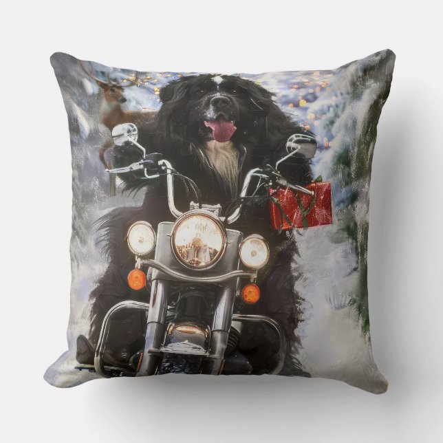 Newfoundland Hond Rijden Motorfiets Kerstmis Kussen (Voorkant)