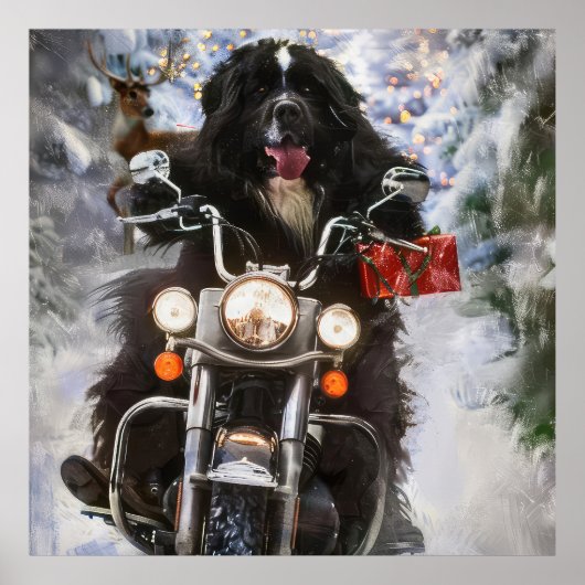 Newfoundland Hond Rijden Motorfiets Kerstmis Poster (Voorkant)