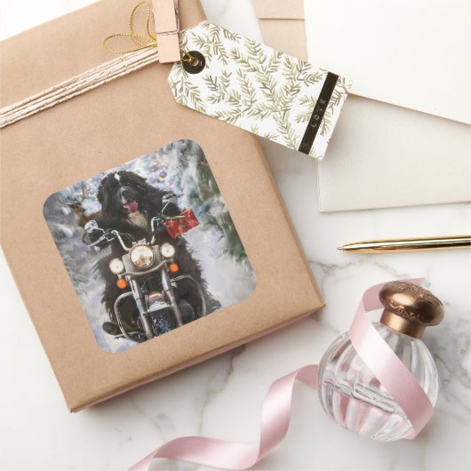 Newfoundland Hond Rijden Motorfiets Kerstmis Vierkante Sticker (Geschenken)