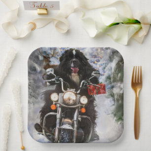 Newfoundland-hond rijdt op motorfiets met Kerstmis Papieren Bordje