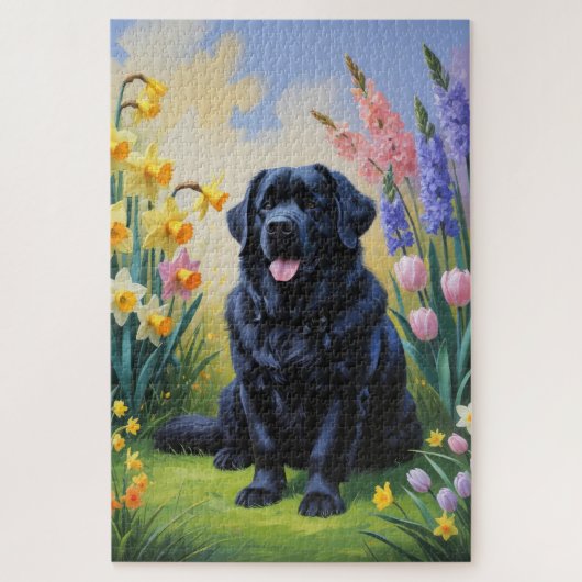 Newfoundland Hond Spring Bloemen Schilderen Legpuzzel (Verticaal)