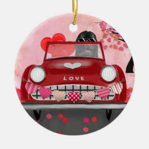 Newfoundland in auto met harten keramisch ornament