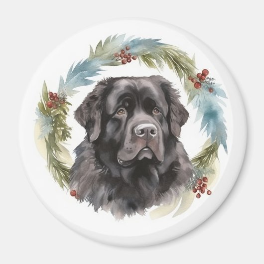 Newfoundland Kerstkrans Feestelijke Pup Magneet (Voorkant)
