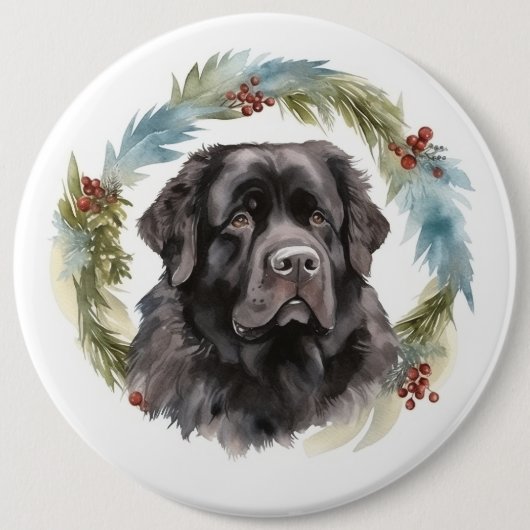 Newfoundland Kerstkrans Feestelijke Pup Ronde Button 6,0 Cm (Voorkant)