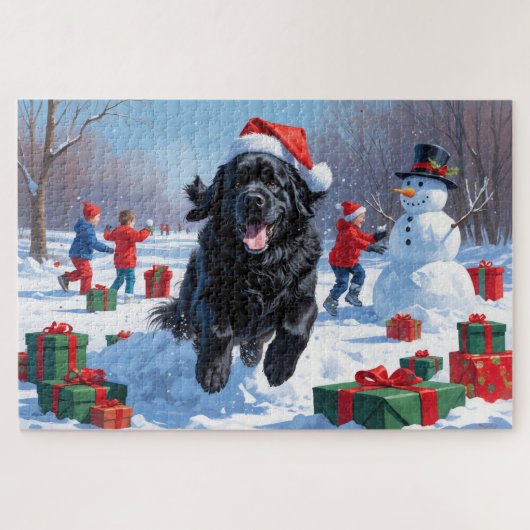 Newfoundland loopt in de sneeuw met kerst Pet Legpuzzel (Horizontaal)