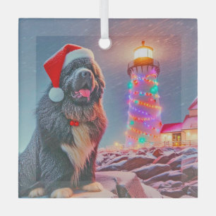 Newfoundland naast de vuurtoren van Kerstmis Glas Ornament