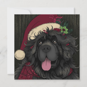 Newfoundland Puppy Dog Santa Hat Feestdagenkaart